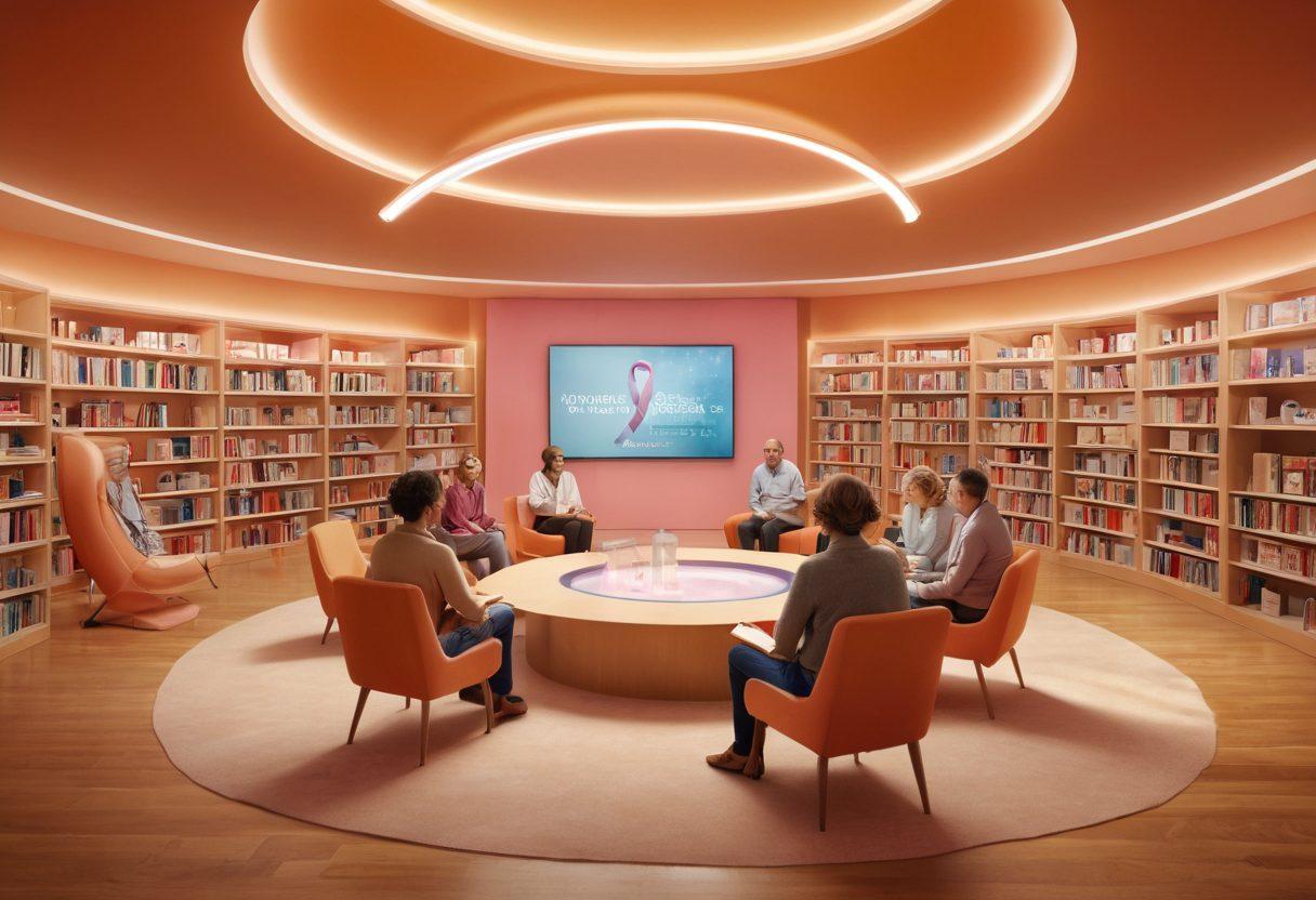 A serene academic environment featuring a diverse group of individuals engaged in a supportive discussion about cancer treatment options, surrounded by educational materials like books and digital screens. The atmosphere should evoke empowerment and hope, with soft illumination representing knowledge and clarity. Include visuals of cancer awareness ribbons integrated into the design. super-realistic. warm colors. bright background.